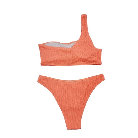Womens Coral One-Shoulder Textured Swimsuit Bikini Set  Size L - Picture 7 of 7